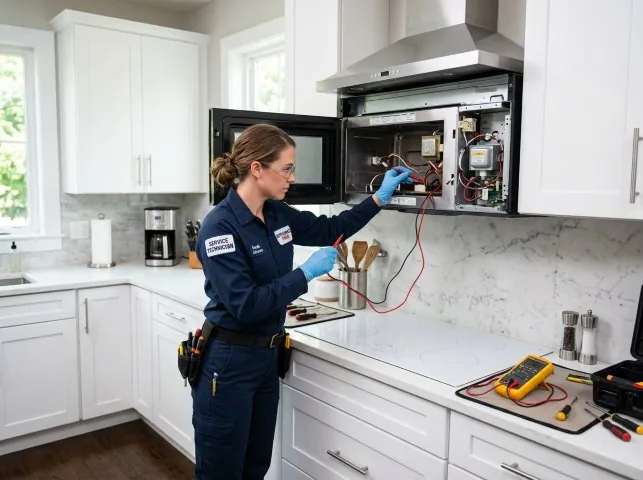 Appliance Repair Hero technician testing an over-the-range microwave in a Bethel, CT kitchen